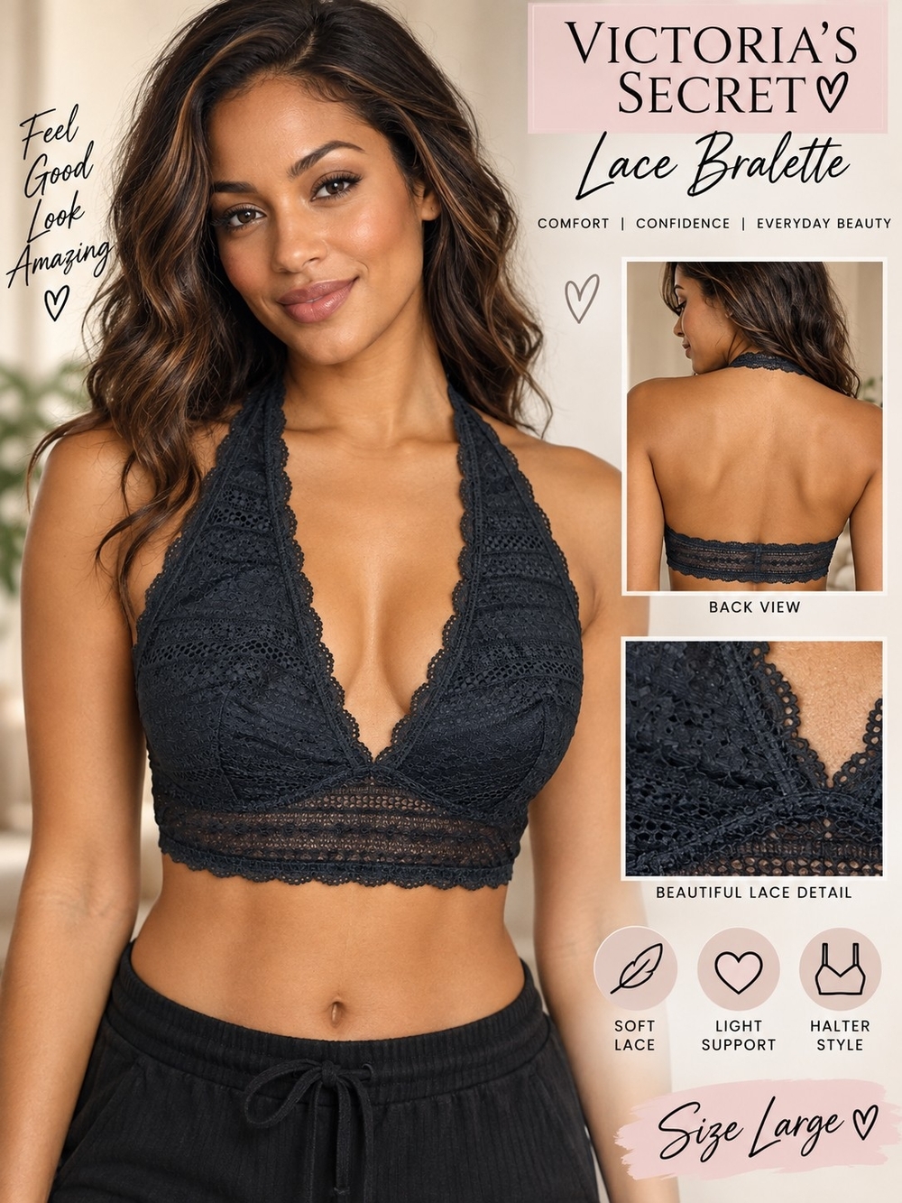 A107. Victoria's Secret Lace Bralette Halter Black Large NWT